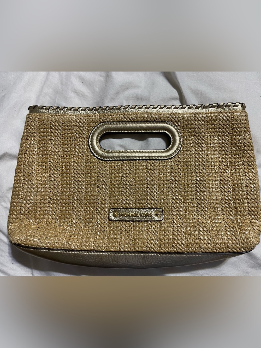 Michael Kors Straw Rosalie Gold Leather Large Clutch Bag No Crossbody Strap